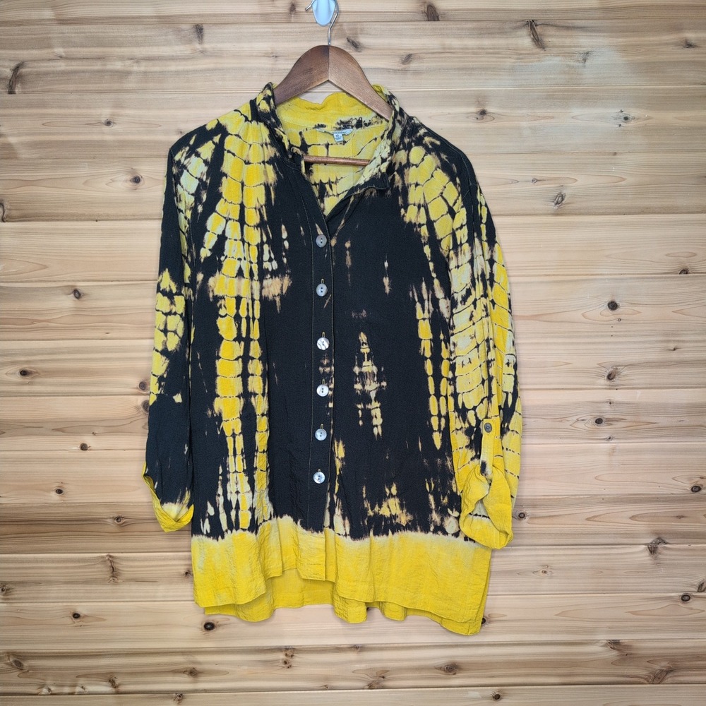 John Mark Yellow Black Tie Dye‎ Button Down Shirt XL Rayon Blend Boho Top